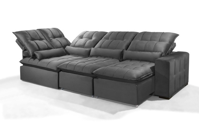 Sofá Retrátil Reclinável ELLOA DE CANTO COM CHAISE 3.65 x 1.80m ESTILO ESTOFADOS - Inca Velusoft COR "CINZA"