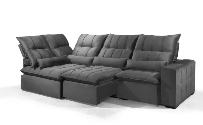 Sofá Retrátil Reclinável ELLOA DE CANTO COM CHAISE 3.85 x 1.80m ESTILO ESTOFADOS - Inca Velusoft COR "CINZA"