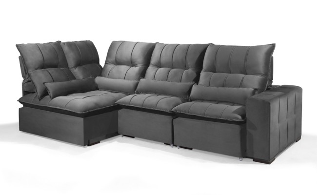 Sofá Retrátil Reclinável ELLOA DE CANTO COM CHAISE 3.45 x 1.80m ESTILO ESTOFADOS - Inca Velusoft COR "CINZA"