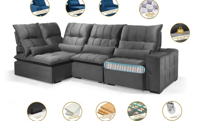 Sofá Retrátil Reclinável ELLOA DE CANTO COM CHAISE 3.05 x 1.80m ESTILO ESTOFADOS - Inca Velusoft COR "CINZA"