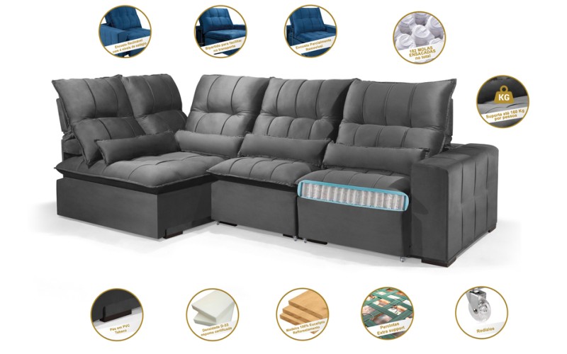 Sofá Retrátil Reclinável ELLOA DE CANTO COM CHAISE 3.05 x 1.80m ESTILO ESTOFADOS - Inca Velusoft COR "CINZA" Sofá Retrátil Reclinável ELLOA DE CANTO COM CHAISE 3.05 x 1.80m ESTILO ESTOFADOS - Inca Velusoft COR "CINZA"