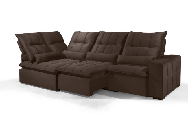 Sofá Retrátil Reclinável ELLOA DE CANTO COM CHAISE 3.85 x 1.80m ESTILO ESTOFADOS - Inca Velusoft COR "MARROM"