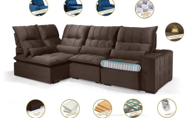 Sofá Retrátil Reclinável ELLOA DE CANTO COM CHAISE 3.65 x 1.80m ESTILO ESTOFADOS - Inca Velusoft COR "MARROM"