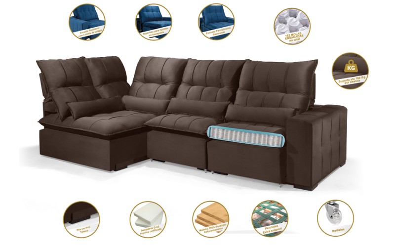 Sofá Retrátil Reclinável ELLOA DE CANTO COM CHAISE 3.25 x 1.80m ESTILO ESTOFADOS - Inca Velusoft COR "MARROM" Sofá Retrátil Reclinável ELLOA DE CANTO COM CHAISE 3.25 x 1.80m ESTILO ESTOFADOS - Inca Velusoft COR "MARROM"