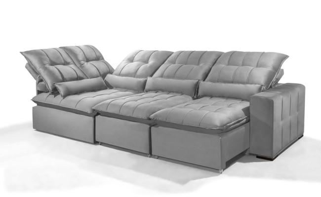 Sofá Retrátil Reclinável ELLOA DE CANTO COM CHAISE 3.45 x 1.80m ESTILO ESTOFADOS - Inca Velusoft COR "PRATA"
