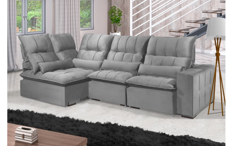 Sofá Retrátil Reclinável ELLOA DE CANTO COM CHAISE 3.45 x 1.80m ESTILO ESTOFADOS - Inca Velusoft COR "PRATA" Sofá Retrátil Reclinável ELLOA DE CANTO COM CHAISE 3.45 x 1.80m ESTILO ESTOFADOS - Inca Velusoft COR "PRATA"
