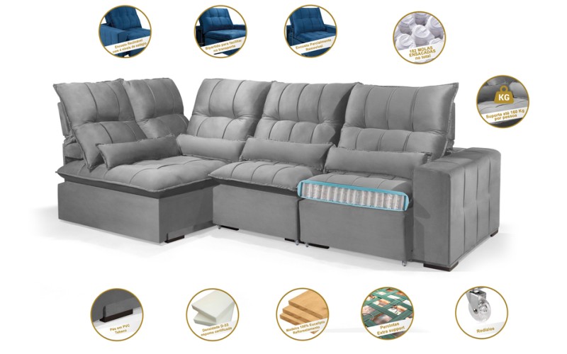 Sofá Retrátil Reclinável ELLOA DE CANTO COM CHAISE 3.45 x 1.80m ESTILO ESTOFADOS - Inca Velusoft COR "PRATA" Sofá Retrátil Reclinável ELLOA DE CANTO COM CHAISE 3.45 x 1.80m ESTILO ESTOFADOS - Inca Velusoft COR "PRATA"