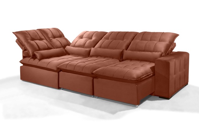 Sofá Retrátil Reclinável ELLOA DE CANTO COM CHAISE 3.45 x 1.80m ESTILO ESTOFADOS - Inca Velusoft COR "TERRA COTA"