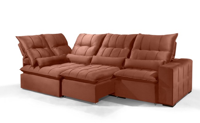Sofá Retrátil Reclinável ELLOA DE CANTO COM CHAISE 3.85 x 1.80m ESTILO ESTOFADOS - Inca Velusoft COR "TERRA COTA"