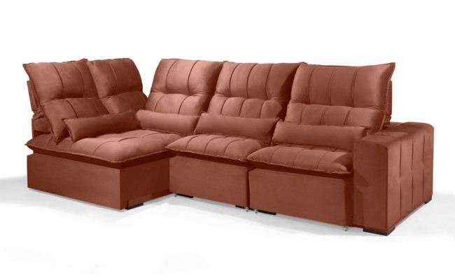 Sofá Retrátil Reclinável ELLOA DE CANTO COM CHAISE 3.65 x 1.80m ESTILO ESTOFADOS - Inca Velusoft COR "TERRA COTA"