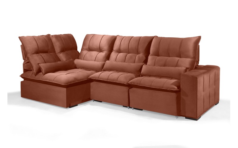 Sofá Retrátil Reclinável ELLOA DE CANTO COM CHAISE 3.05 x 1.80m ESTILO ESTOFADOS - Inca Velusoft COR "TERRA COTA" Sofá Retrátil Reclinável ELLOA DE CANTO COM CHAISE 3.05 x 1.80m ESTILO ESTOFADOS - Inca Velusoft COR "TERRA COTA"