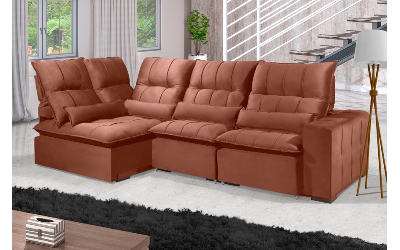 Sofá Retrátil Reclinável ELLOA DE CANTO COM CHAISE 3.05 x 1.80m ESTILO ESTOFADOS - Inca Velusoft COR "TERRA COTA" Sofá Retrátil Reclinável ELLOA DE CANTO COM CHAISE 3.05 x 1.80m ESTILO ESTOFADOS - Inca Velusoft COR "TERRA COTA"