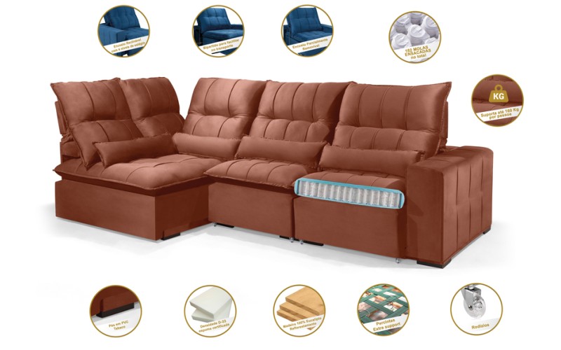 Sofá Retrátil Reclinável ELLOA DE CANTO COM CHAISE 3.05 x 1.80m ESTILO ESTOFADOS - Inca Velusoft COR "TERRA COTA" Sofá Retrátil Reclinável ELLOA DE CANTO COM CHAISE 3.05 x 1.80m ESTILO ESTOFADOS - Inca Velusoft COR "TERRA COTA"