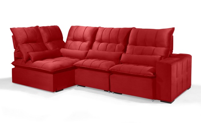 Sofá Retrátil Reclinável ELLOA DE CANTO COM CHAISE 3.05 x 1.80m ESTILO ESTOFADOS - Inca Velusoft COR "VERMELHO"