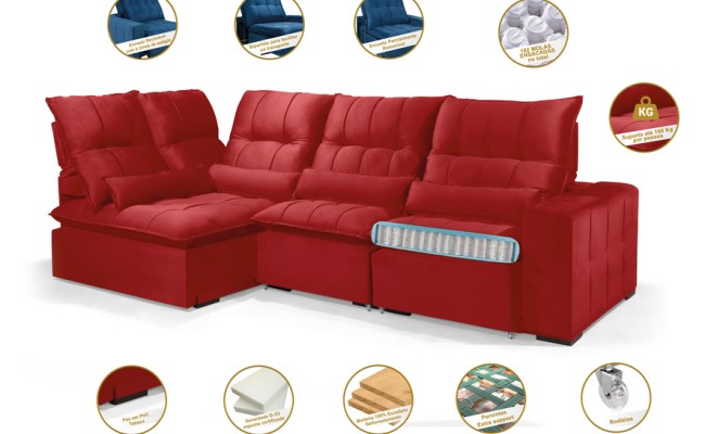 Sofá Retrátil Reclinável ELLOA DE CANTO COM CHAISE 3.45 x 1.80m ESTILO ESTOFADOS - Inca Velusoft COR "VERMELHO"