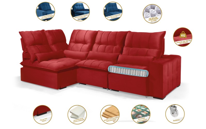Sofá Retrátil Reclinável ELLOA DE CANTO COM CHAISE 3.05 x 1.80m ESTILO ESTOFADOS - Inca Velusoft COR "VERMELHO" Sofá Retrátil Reclinável ELLOA DE CANTO COM CHAISE 3.05 x 1.80m ESTILO ESTOFADOS - Inca Velusoft COR "VERMELHO"