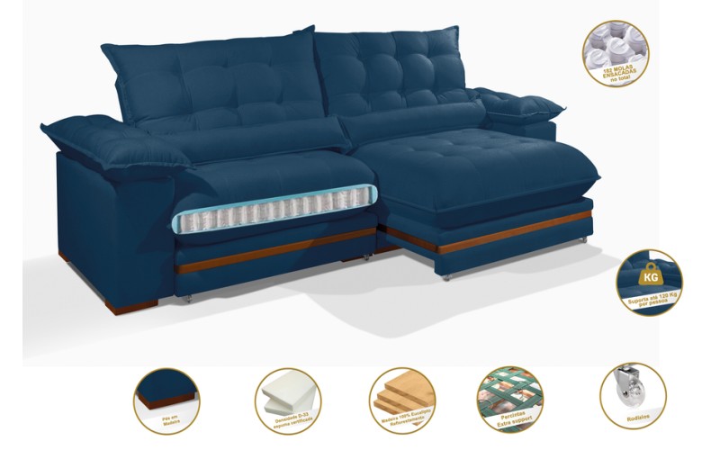 Sofá Retrátil Reclinável IRÃ 2.90m ESTILO ESTOFADOS - França Velusoft COR "AZUL" Sofá Retrátil Reclinável IRÃ 2.90m ESTILO ESTOFADOS - França Velusoft COR "AZUL"