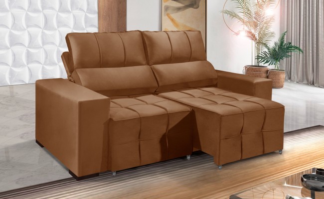 Sofá Retrátil Reclinável MIAMI 2.00m ESTILO ESTOFADOS - Inca Velusoft COR "TERRACOTA"