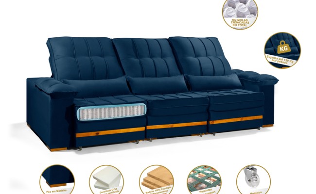 Sofá Retrátil Reclinável MORFEU 3 módulos 4,10m ESTILO ESTOFADOS - França Velusoft COR "AZUL"