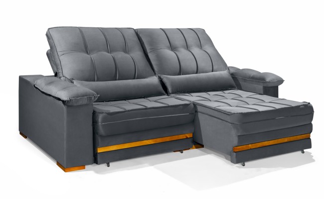 Sofá Retrátil Reclinável MORFEU 2,20m ESTILO ESTOFADOS - França Velusoft COR "CINZA"