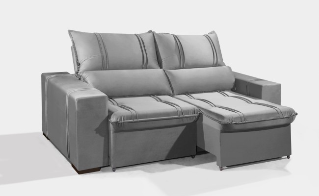 Sofá Retrátil e Reclinável 2.20m ESTILO ESTOFADOS - THOR com SoftGel D33 Velusoft "Prata"