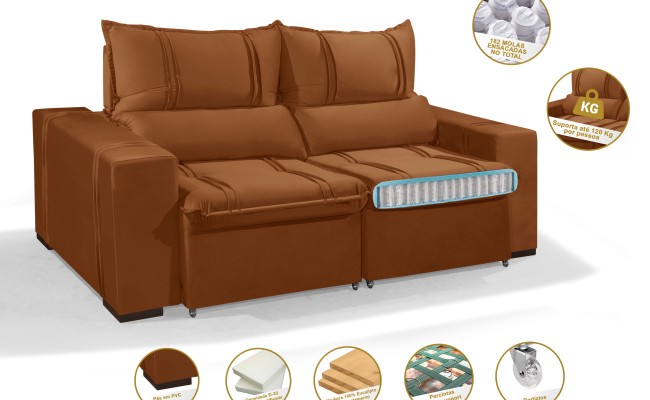 Sofá Retrátil e Reclinável 2.90m ESTILO ESTOFADOS - THOR com SoftGel D33 Velusoft "Terracota"