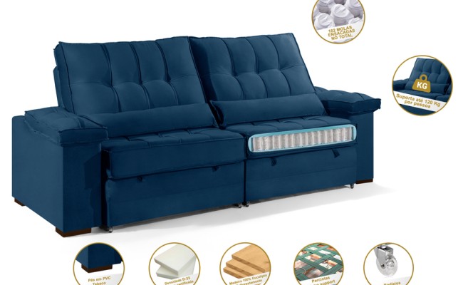 Sofá Retrátil Reclinável TOGO 2,90m ESTILO ESTOFADOS - França Velusoft COR "AZUL"