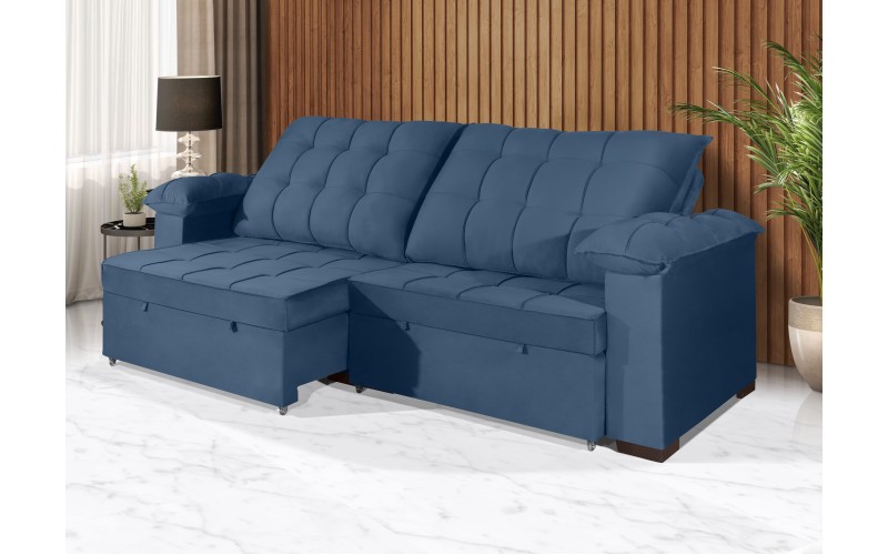 Sofá Retrátil e Reclinável 2,10m Canadá ESTILO ESTOFADOS - Sude Veludo cor "Azul" Sofá Retrátil e Reclinável 2,10m Canadá ESTILO ESTOFADOS - Sude Veludo cor "Azul"