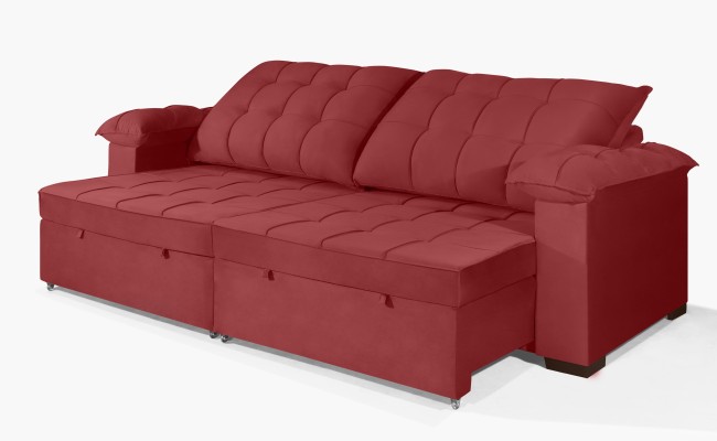 Sofá Retrátil e Reclinável 2,90m Canadá ESTILO ESTOFADOS - Sude Veludo cor "Vermelho"