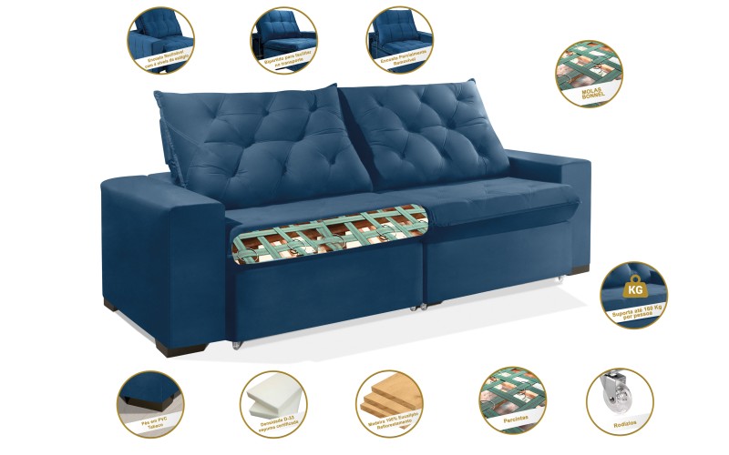 Sofá Retrátil e Reclinável 1,90m ESTILO ESTOFADOS - EUROPA com SoftGel D33 Velupluma "Azul" Sofá Retrátil e Reclinável 1,90m ESTILO ESTOFADOS - EUROPA com SoftGel D33 Velupluma "Azul"