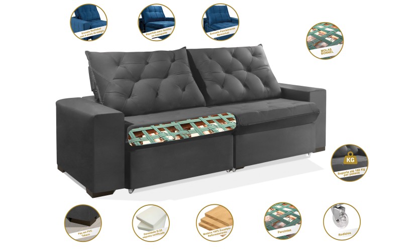 Sofá Retrátil e Reclinável 1,90m ESTILO ESTOFADOS - EUROPA com SoftGel D33 Velupluma "Cinza" Sofá Retrátil e Reclinável 1,90m ESTILO ESTOFADOS - EUROPA com SoftGel D33 Velupluma "Cinza"