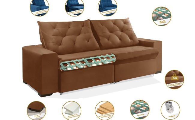 Sofá Retrátil e Reclinável 2.10m ESTILO ESTOFADOS - EUROPA com SoftGel D33 Velupluma "Terracota"