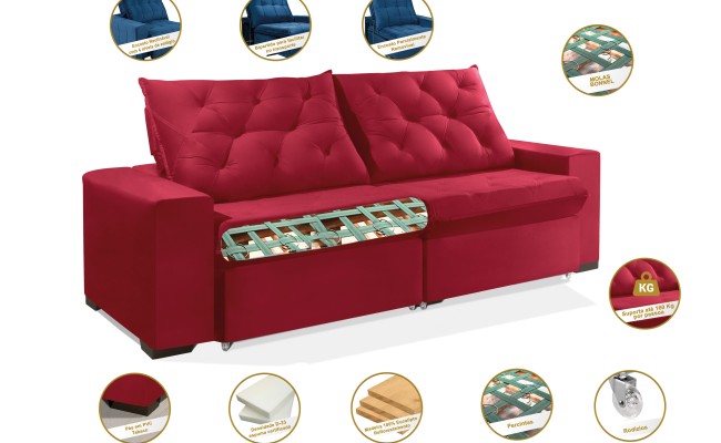 Sofá Retrátil e Reclinável 2.10m ESTILO ESTOFADOS - EUROPA com SoftGel D33 Velupluma "Vermelho"