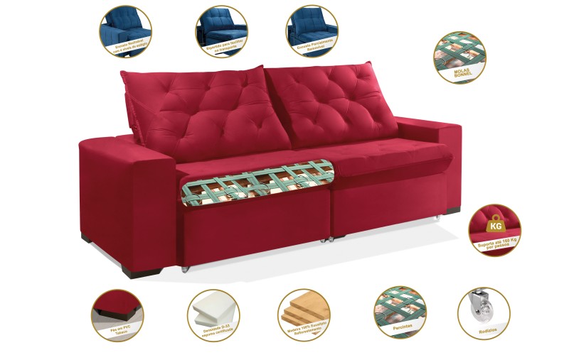 Sofá Retrátil e Reclinável 1,90m ESTILO ESTOFADOS - EUROPA com SoftGel D33 Velupluma "Vermelho" Sofá Retrátil e Reclinável 1,90m ESTILO ESTOFADOS - EUROPA com SoftGel D33 Velupluma "Vermelho"