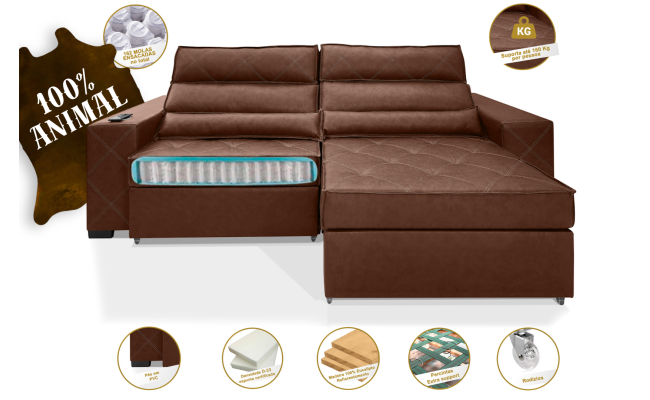 SOFÁ FRANCE EXCLUSIVI -  Versão 100%  COURO Bovino Legítimo com BRAÇO DE INDUÇÃO 2.70m COR Marrom