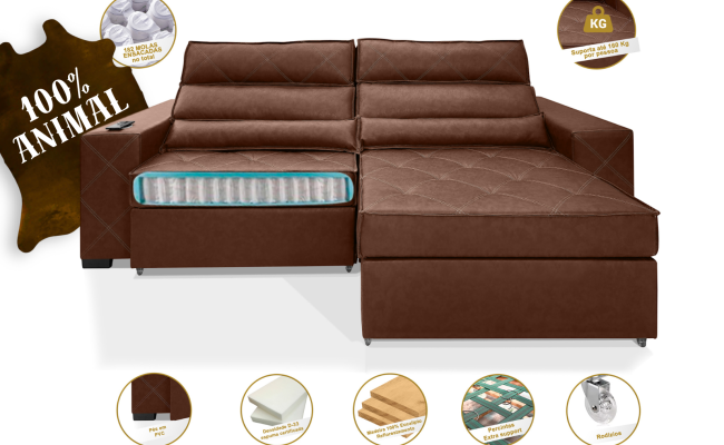 SOFÁ FRANCE EXCLUSIVI -  Versão 100%  COURO Bovino Legítimo com BRAÇO DE INDUÇÃO 2.30m COR Marrom
