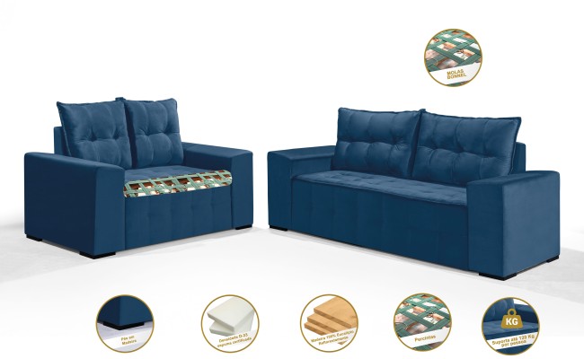 Conjunto Sofá de Veludo 3 e 2 lugares ESTILO ESTOFADOS Las Vegas 2,00x1,50m "Azul"