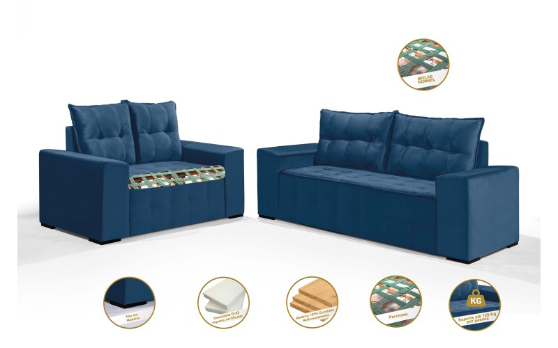 Conjunto Sofá de Veludo 3 e 2 lugares ESTILO ESTOFADOS Las Vegas 2,00x1,50m "Azul" Conjunto Sofá de Veludo 3 e 2 lugares ESTILO ESTOFADOS Las Vegas 2,00x1,50m "Azul"