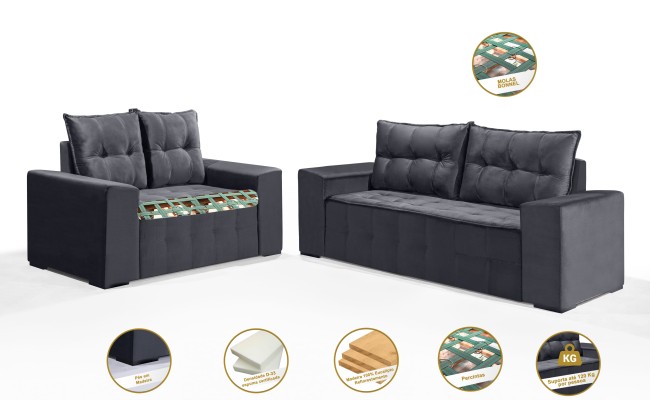 Conjunto Sofá de Veludo 3 e 2 lugares ESTILO ESTOFADOS Las Vegas 2,00x1,50m "Cinza"