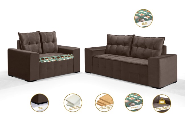 Conjunto Sofá de Veludo 3 e 2 lugares ESTILO ESTOFADOS Las Vegas 2,00x1,50m "Marrom"