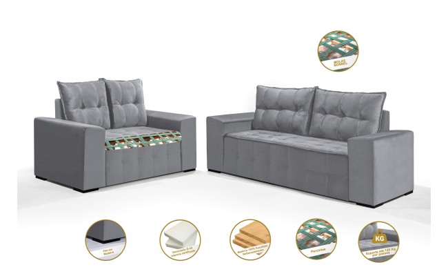 Conjunto Sofá de Veludo 3 e 2 lugares ESTILO ESTOFADOS Las Vegas 2,00x1,50m "Prata"