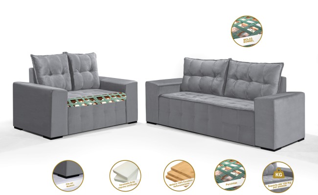 Conjunto Sofá de Veludo 3 e 2 lugares ESTILO ESTOFADOS Las Vegas 2,00x1,50m "Prata"