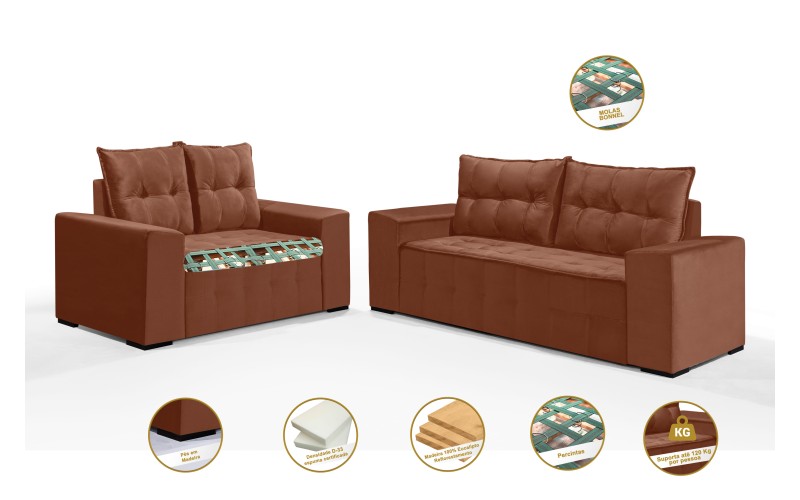 Conjunto Sofá de Veludo 3 e 2 lugares ESTILO ESTOFADOS Las Vegas 2,00x1,50m "Terracota" Conjunto Sofá de Veludo 3 e 2 lugares ESTILO ESTOFADOS Las Vegas 2,00x1,50m "Terracota"