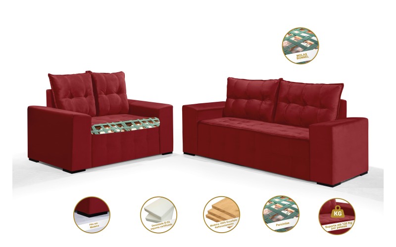 Conjunto Sofá de Veludo 3 e 2 lugares ESTILO ESTOFADOS Las Vegas 2,00x1,50m "Vermelho" Conjunto Sofá de Veludo 3 e 2 lugares ESTILO ESTOFADOS Las Vegas 2,00x1,50m "Vermelho"