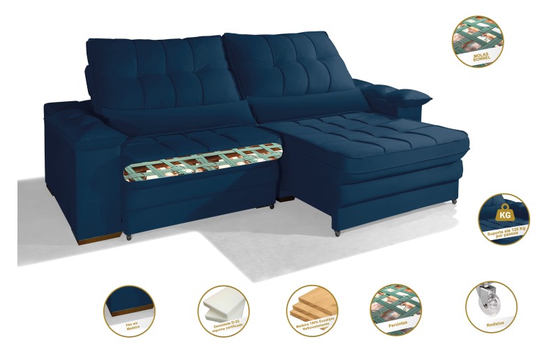 Sofá Retrátil Reclinável LAUS 2.90m ESTILO ESTOFADOS - França Velusoft COR "AZUL" Sofá Retrátil Reclinável LAUS 2.90m ESTILO ESTOFADOS - França Velusoft COR "AZUL"