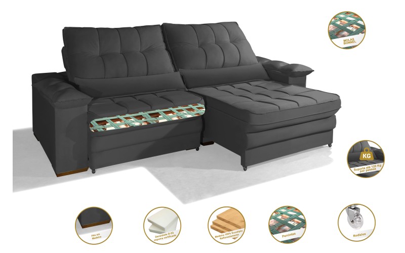 Sofá Retrátil Reclinável LAUS 2.20m ESTILO ESTOFADOS - França Velusoft COR "CINZA" Sofá Retrátil Reclinável LAUS 2.20m ESTILO ESTOFADOS - França Velusoft COR "CINZA"