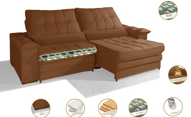 Sofá Retrátil Reclinável LAUS 2.50m ESTILO ESTOFADOS - França Velusoft COR "TERRACOTA"