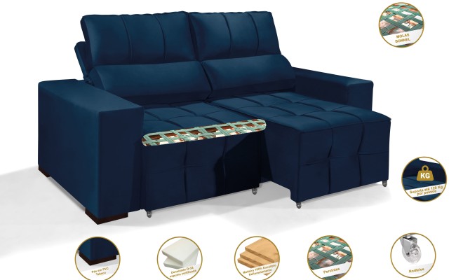 Sofá Retrátil Reclinável MIAMI 2.00m ESTILO ESTOFADOS - Inca Velusoft COR "AZUL"