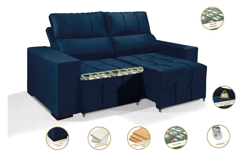 Sofá Retrátil Reclinável MIAMI 2.00m ESTILO ESTOFADOS - Inca Velusoft COR "AZUL" Sofá Retrátil Reclinável MIAMI 2.00m ESTILO ESTOFADOS - Inca Velusoft COR "AZUL"