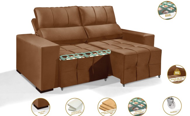 Sofá Retrátil Reclinável MIAMI 2.00m ESTILO ESTOFADOS - Inca Velusoft COR "TERRACOTA"